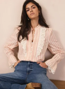 Pink Striped Broderie Trim Blouse