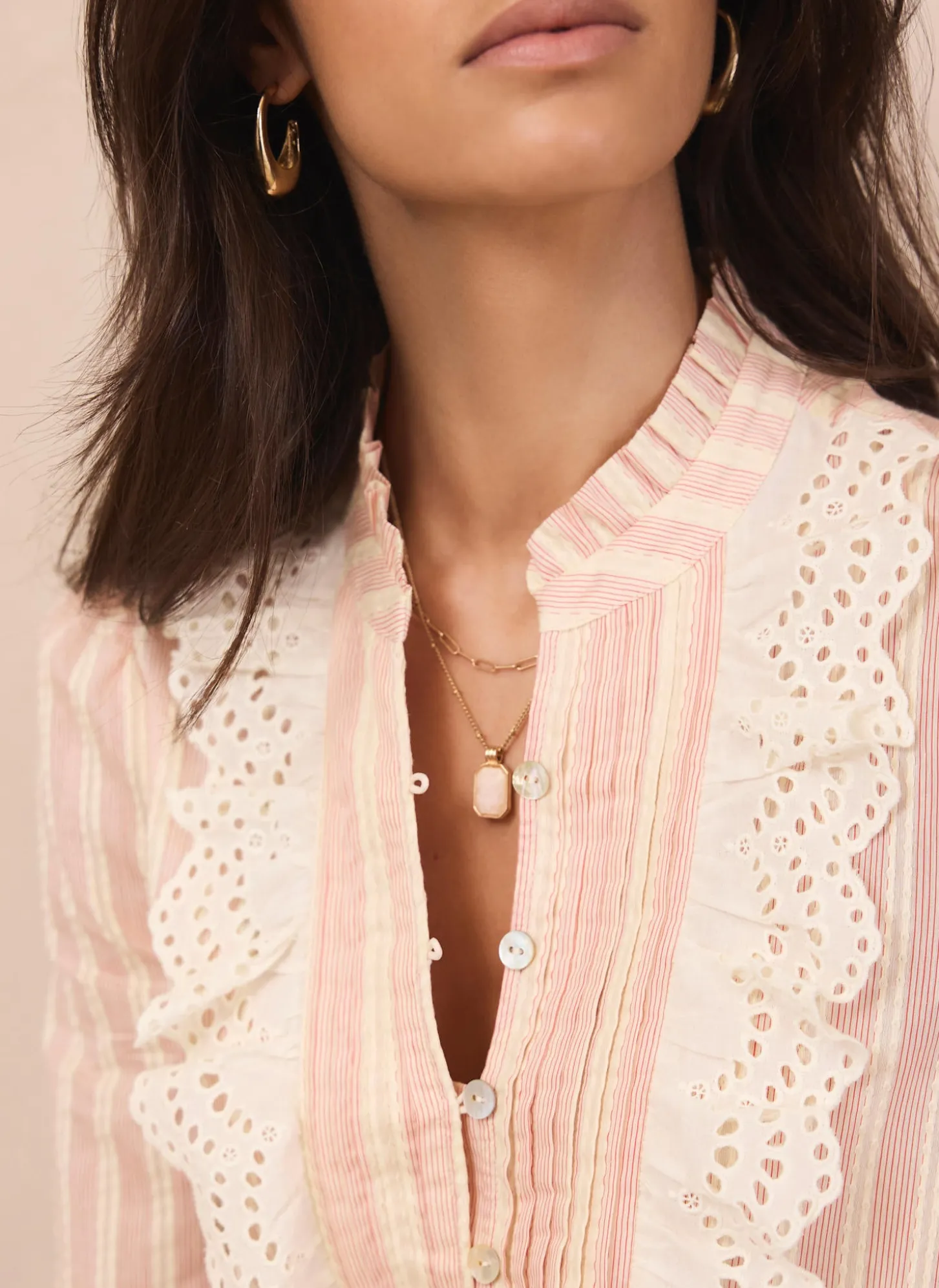Pink Striped Broderie Trim Blouse