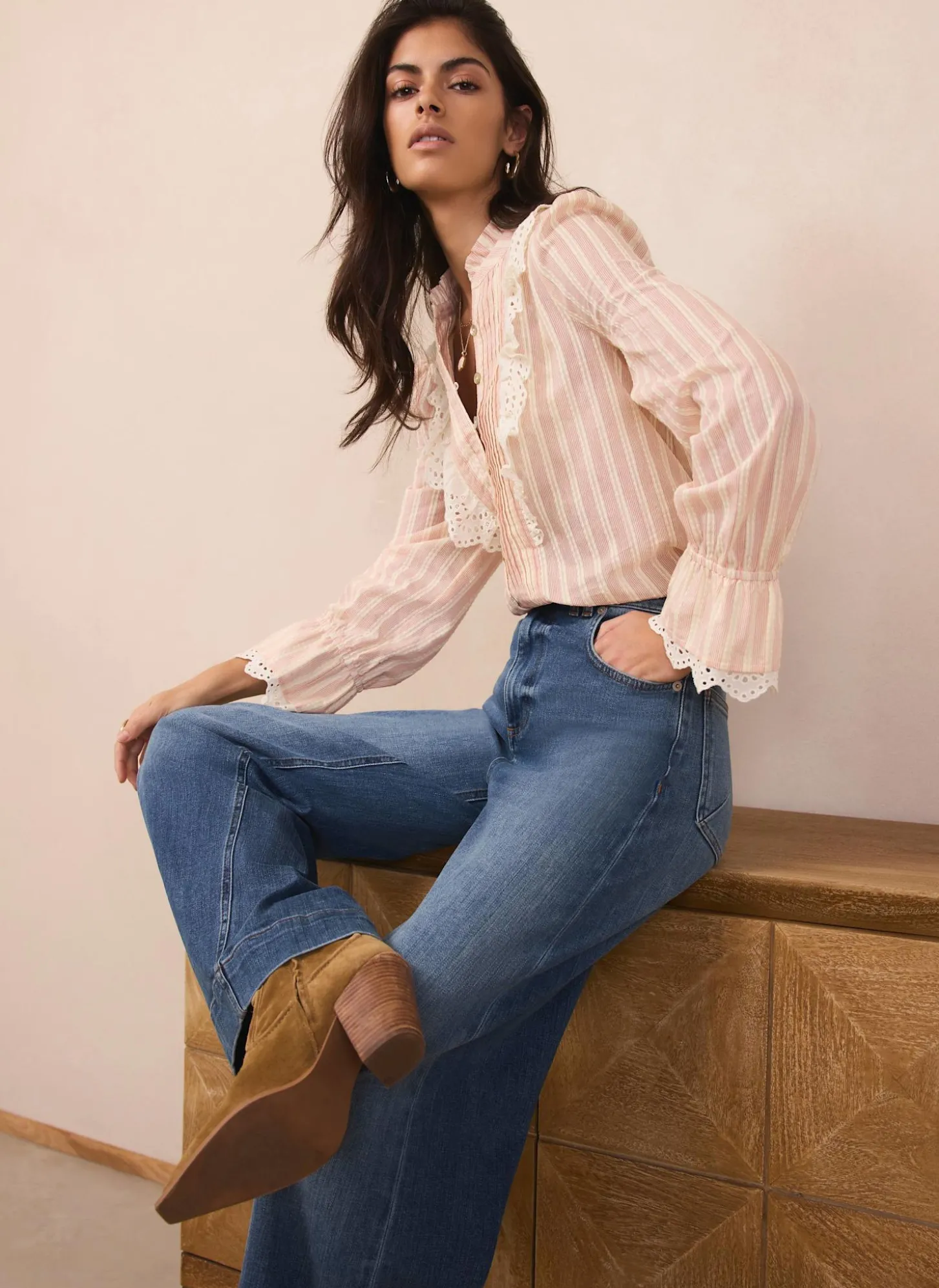 Pink Striped Broderie Trim Blouse