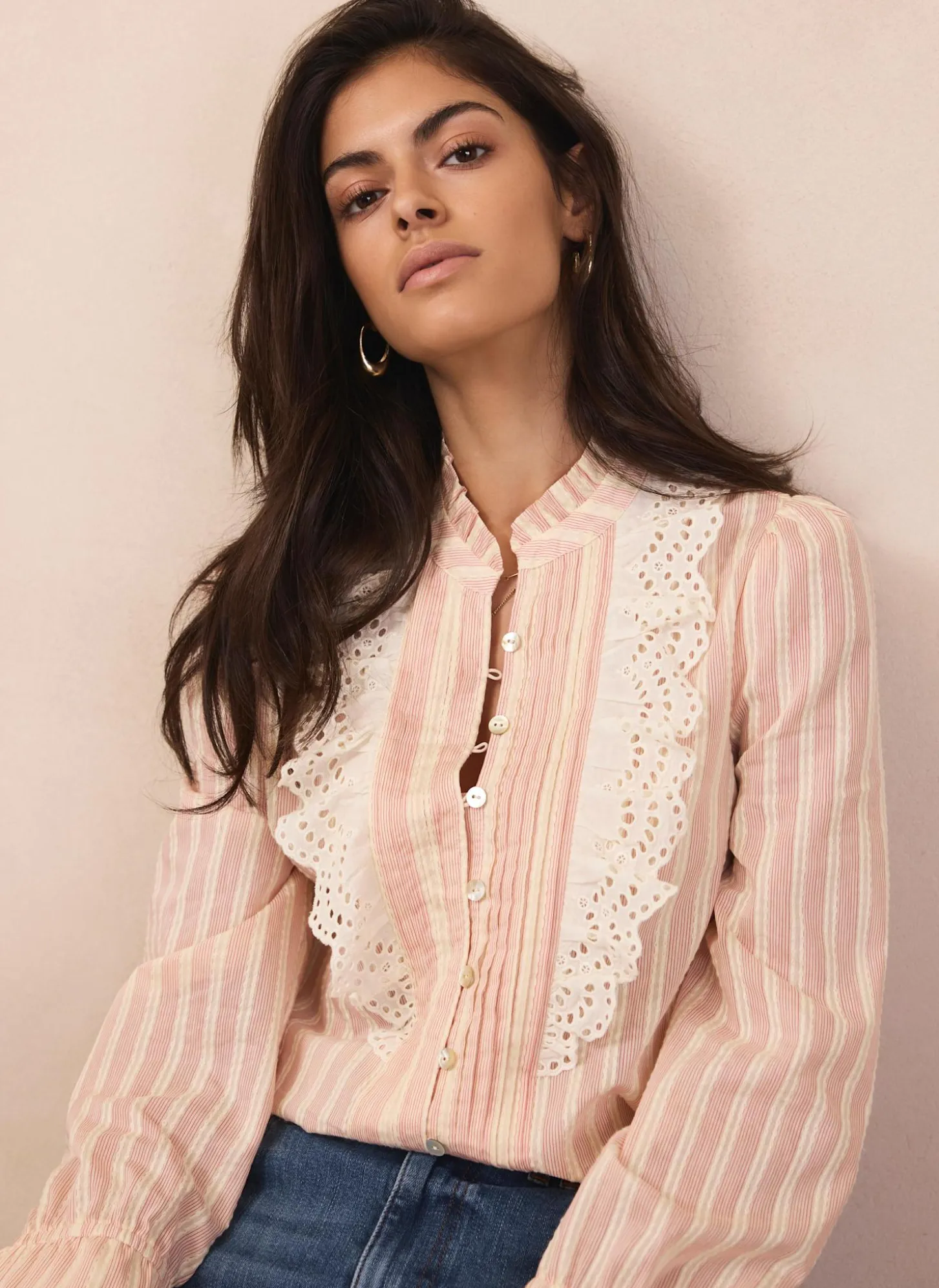 Pink Striped Broderie Trim Blouse