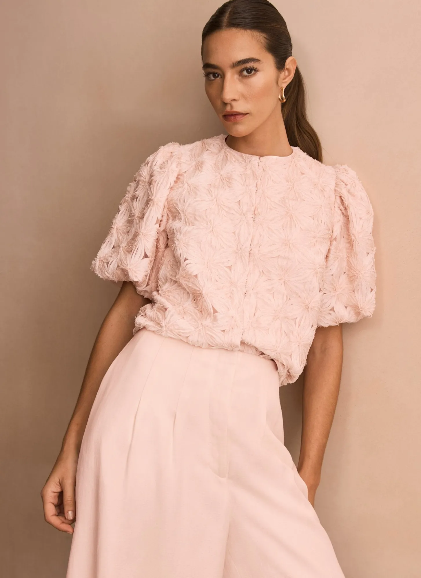 Pink Textured Puff Sleeve Blouse