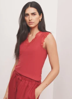 Red Cotton Blend Lace Detail Top