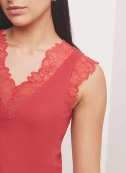 Red Cotton Blend Lace Detail Top