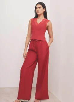 Red Cotton Blend Lace Detail Top