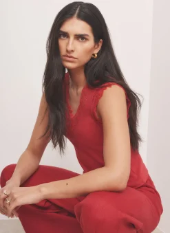 Red Cotton Blend Lace Detail Top