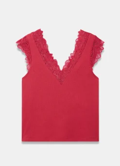 Red Cotton Blend Lace Detail Top