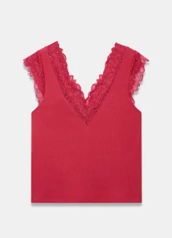 Red Cotton Blend Lace Detail Top