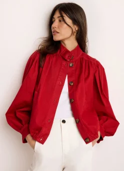 Red Cotton Blend Puff Sleeve Jacket