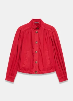 Red Cotton Blend Puff Sleeve Jacket