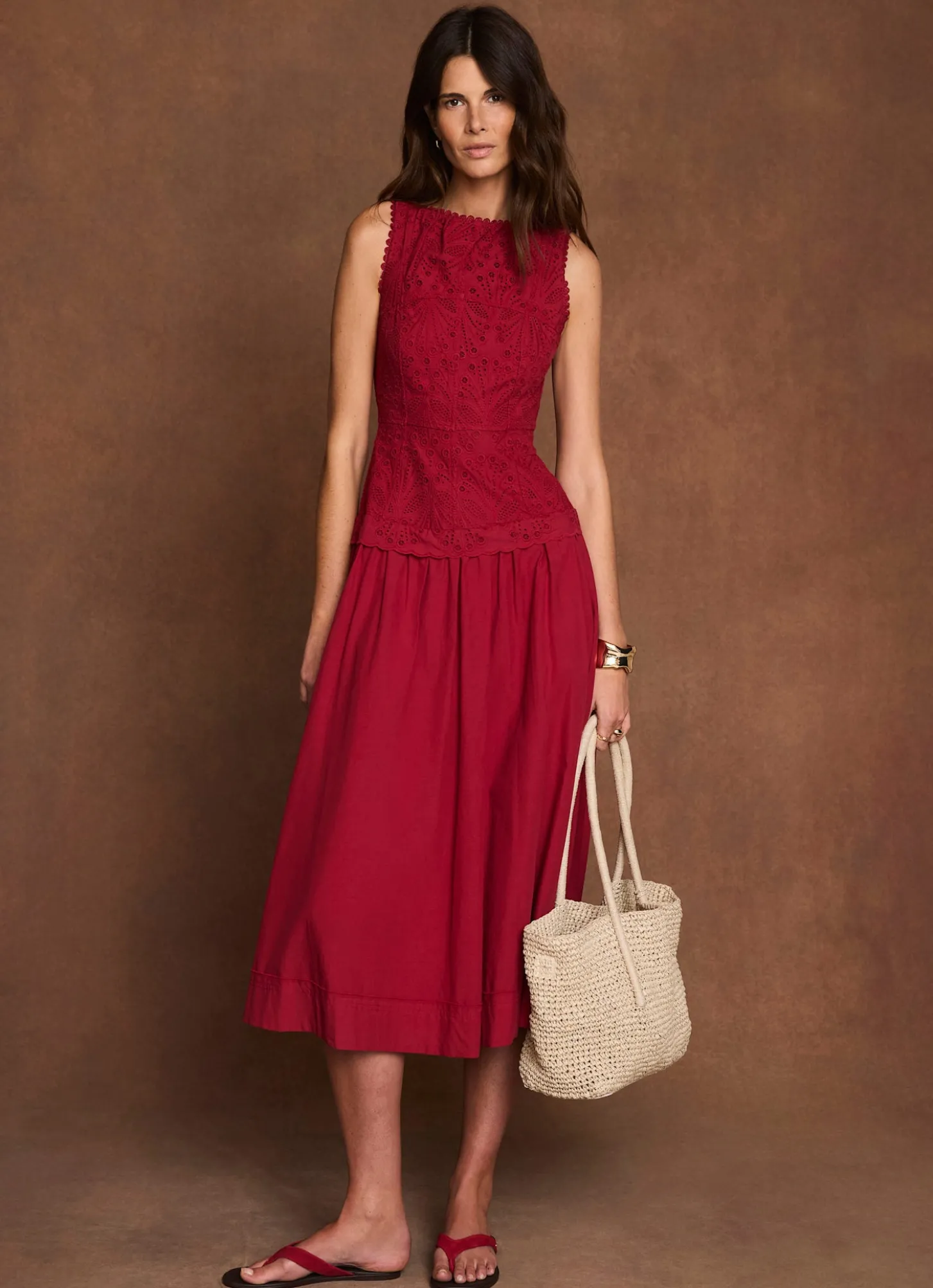 Red Cotton Broderie Midi Dress