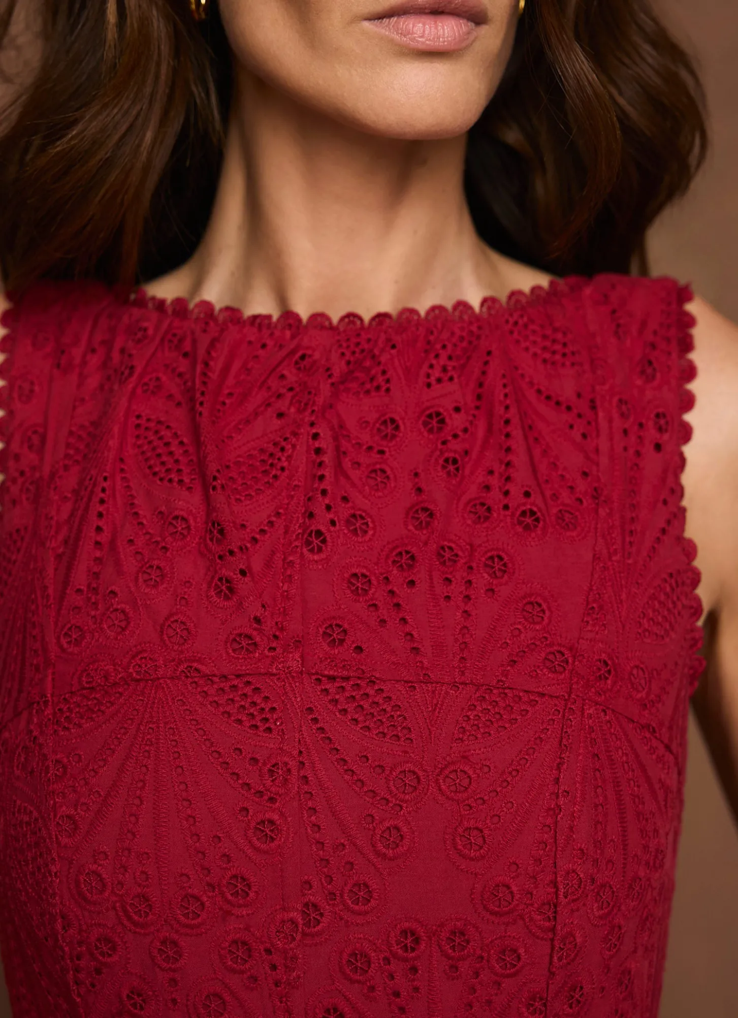Red Cotton Broderie Midi Dress