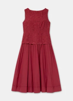 Red Cotton Broderie Midi Dress
