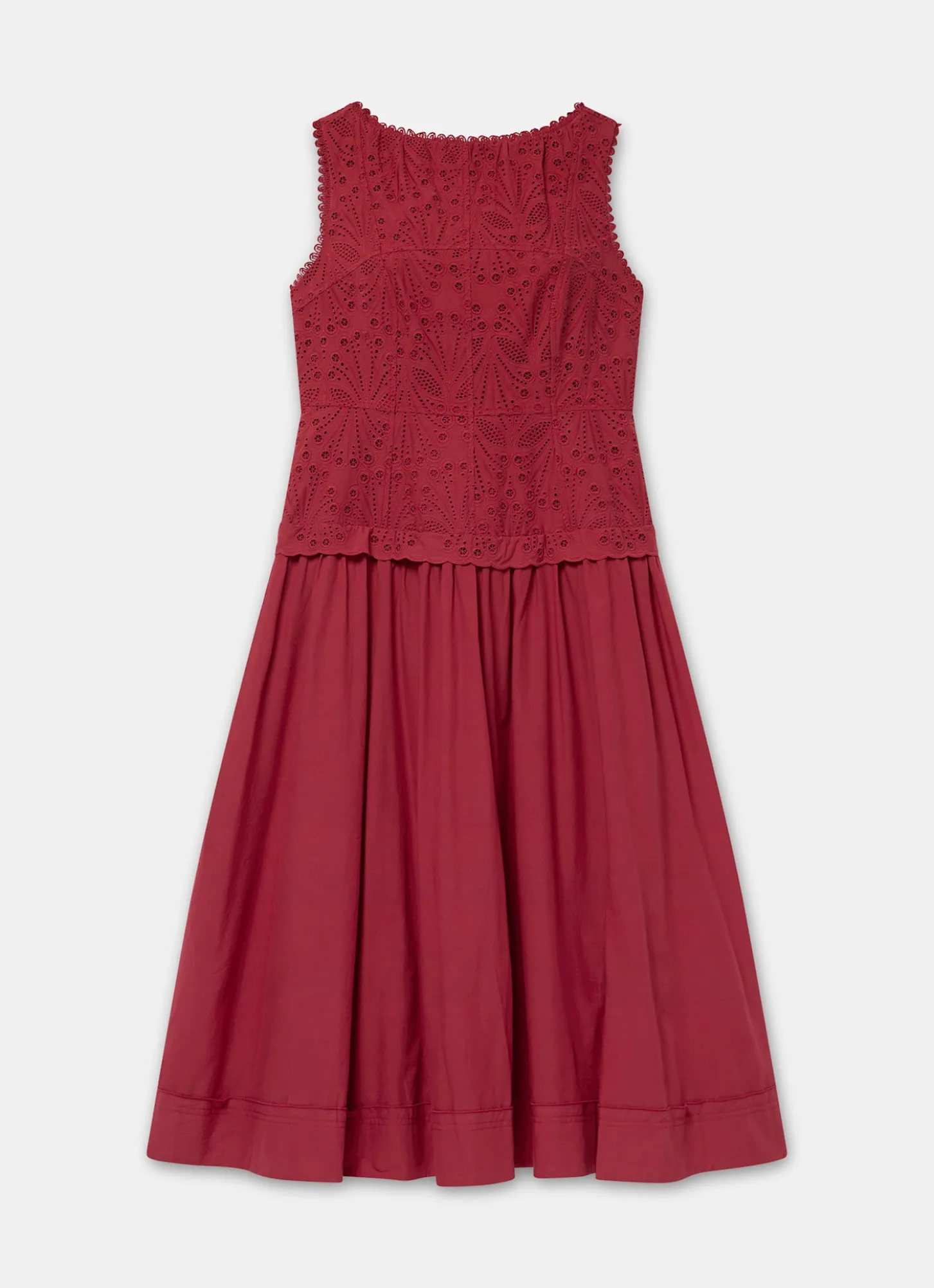 Red Cotton Broderie Midi Dress