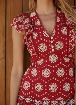 Red Cotton Broderie Midi Dress