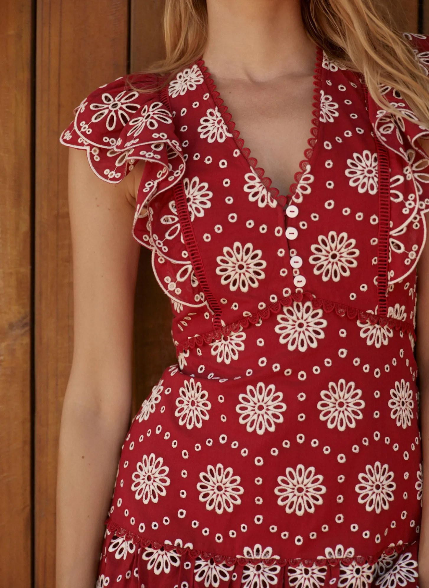 Red Cotton Broderie Midi Dress