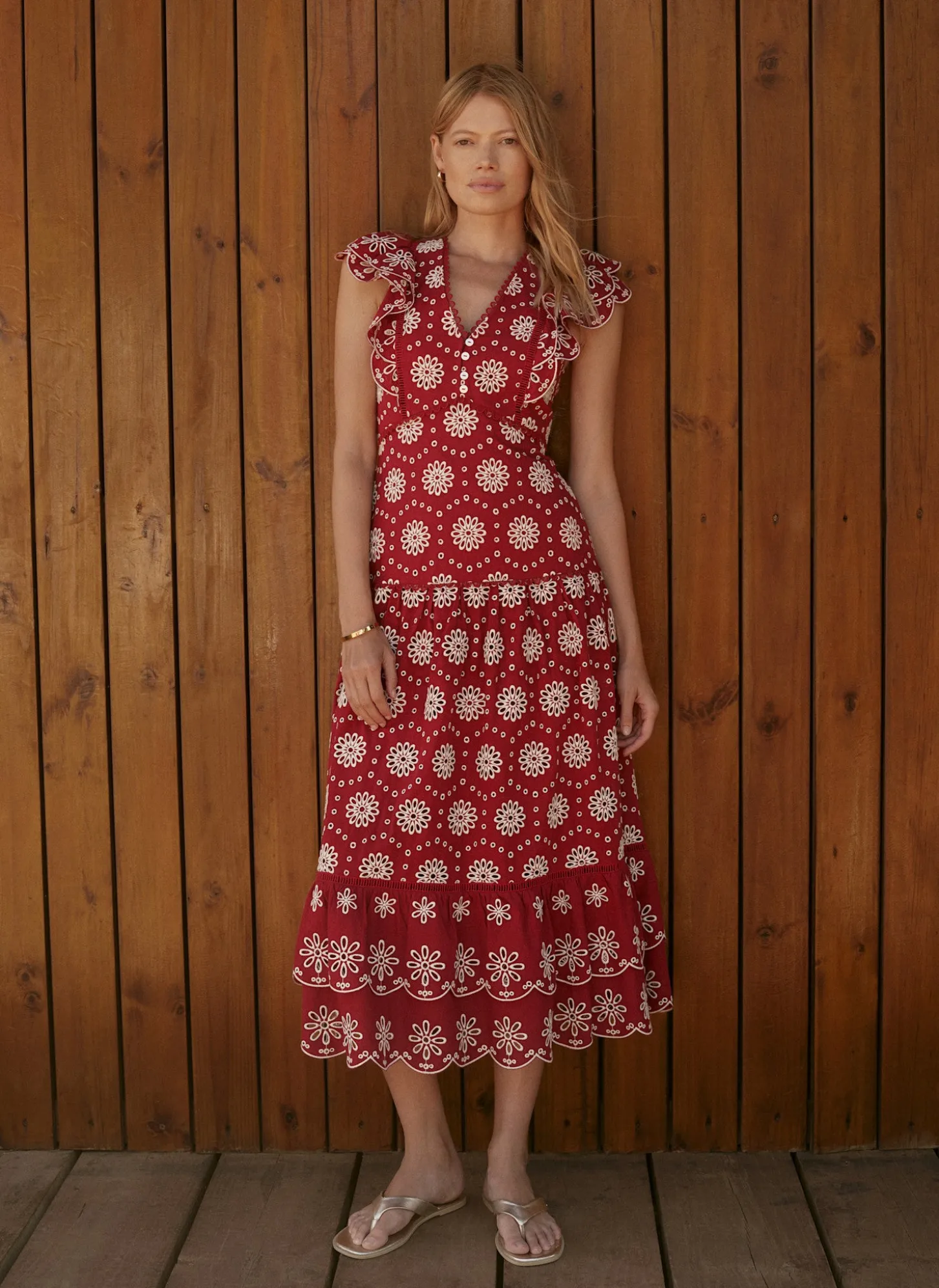 Red Cotton Broderie Midi Dress