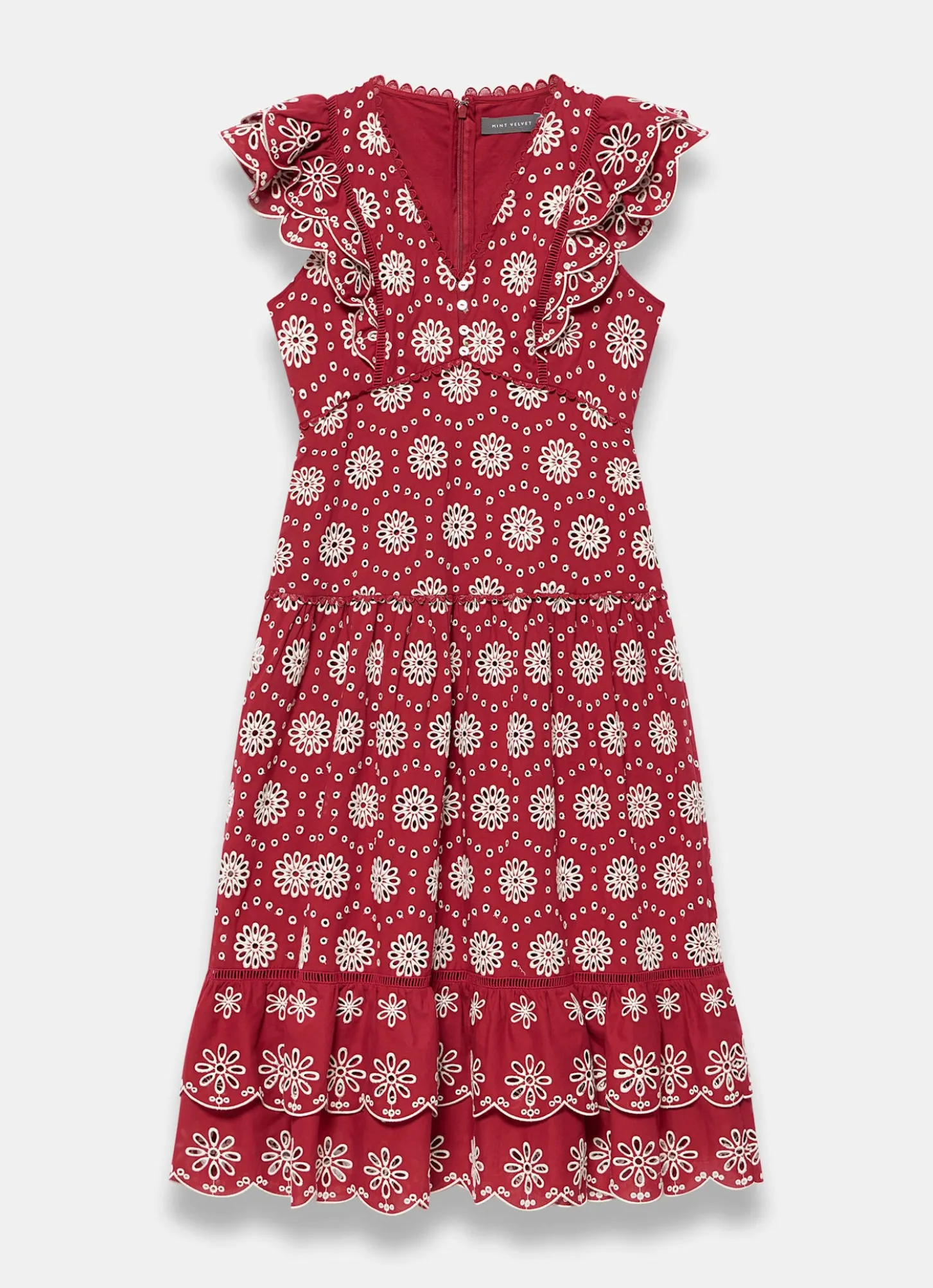 Red Cotton Broderie Midi Dress