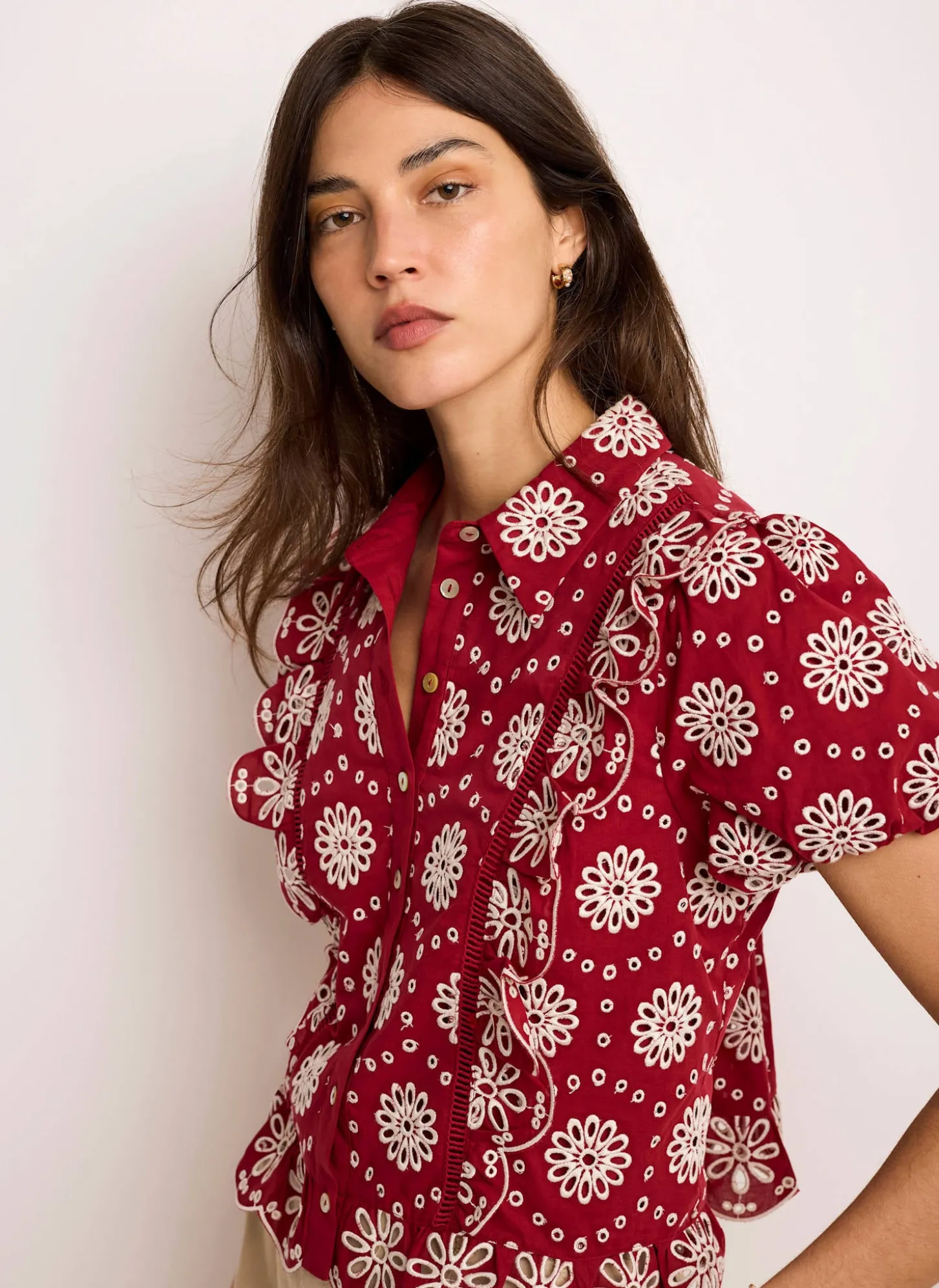 Red Cotton Broderie Shirt