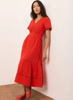 Red Cotton Cheesecloth Midi Dress