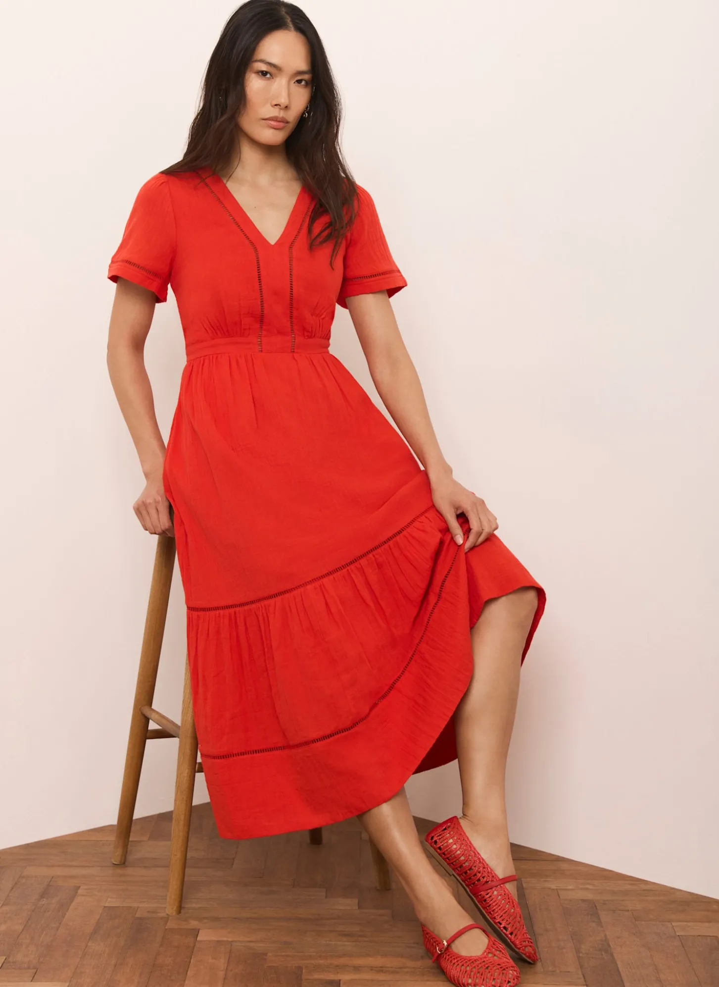 Red Cotton Cheesecloth Midi Dress