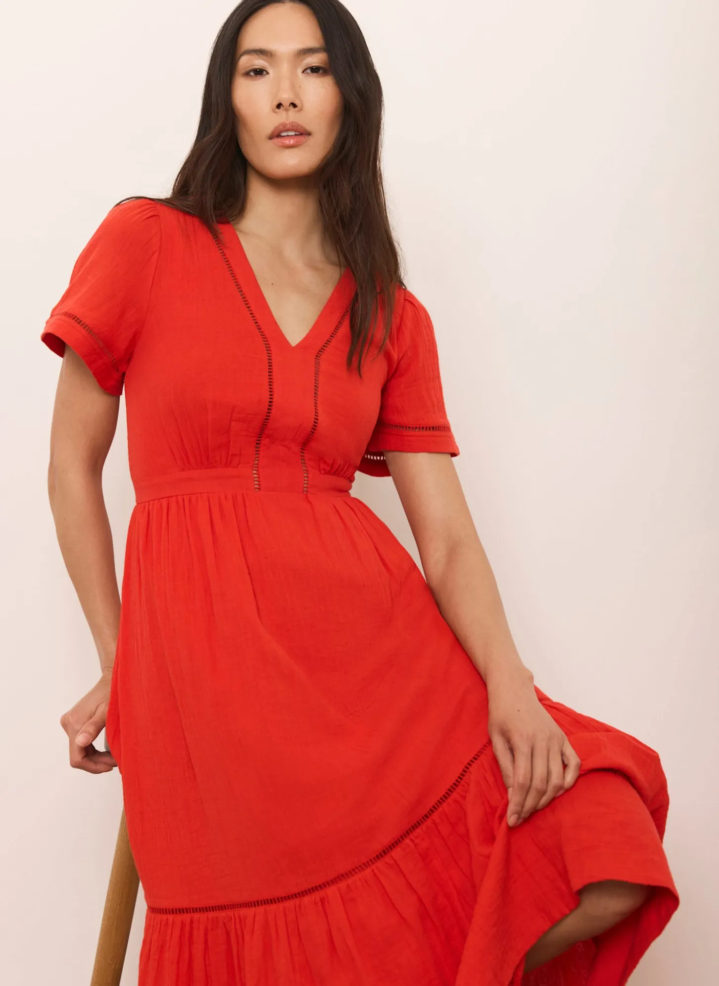 Red Cotton Cheesecloth Midi Dress