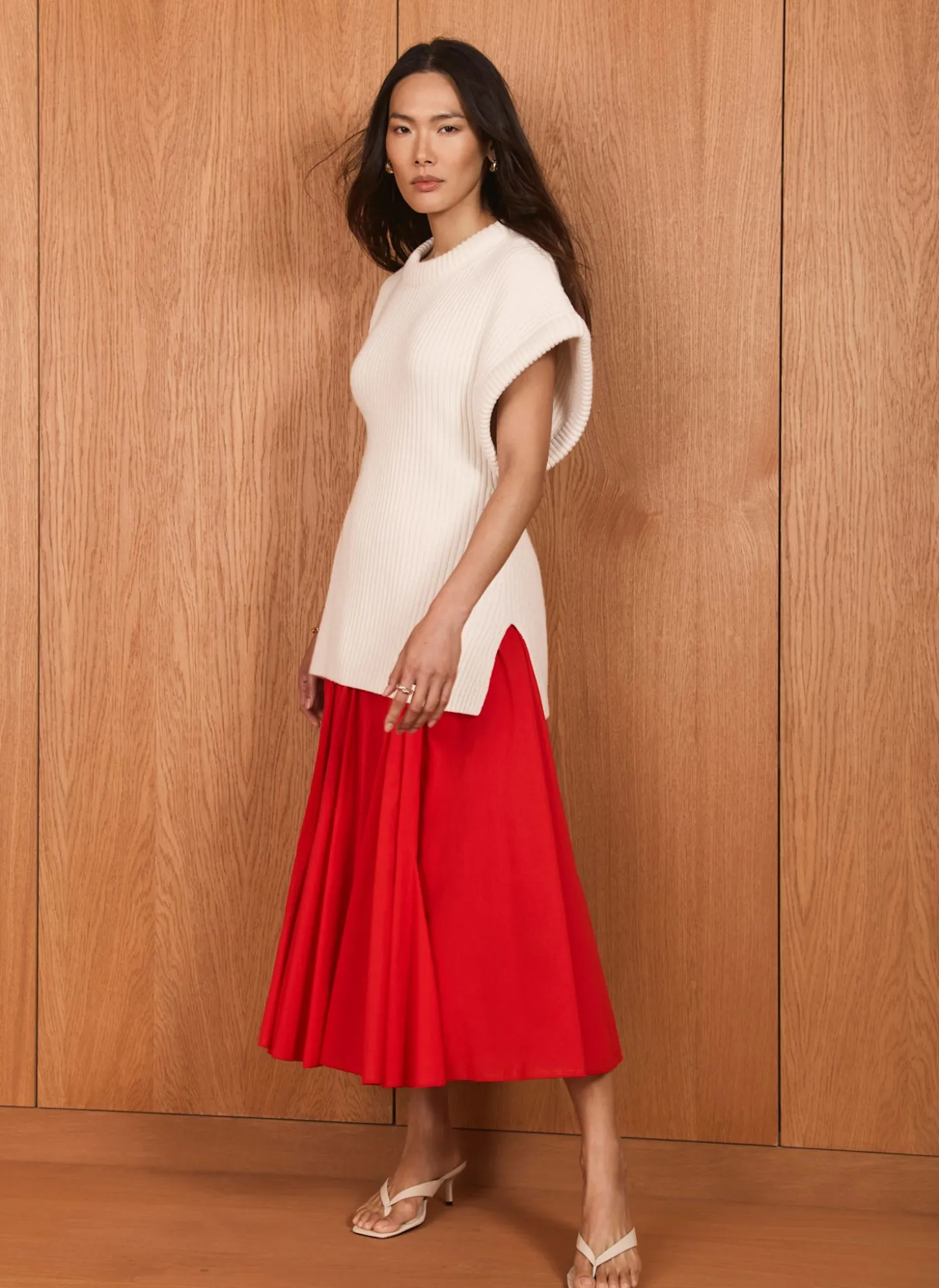Red Cotton Full Midi Skirt