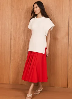 Red Cotton Full Midi Skirt