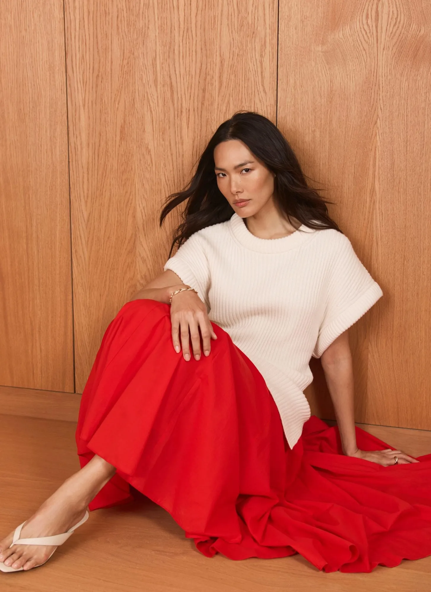 Red Cotton Full Midi Skirt