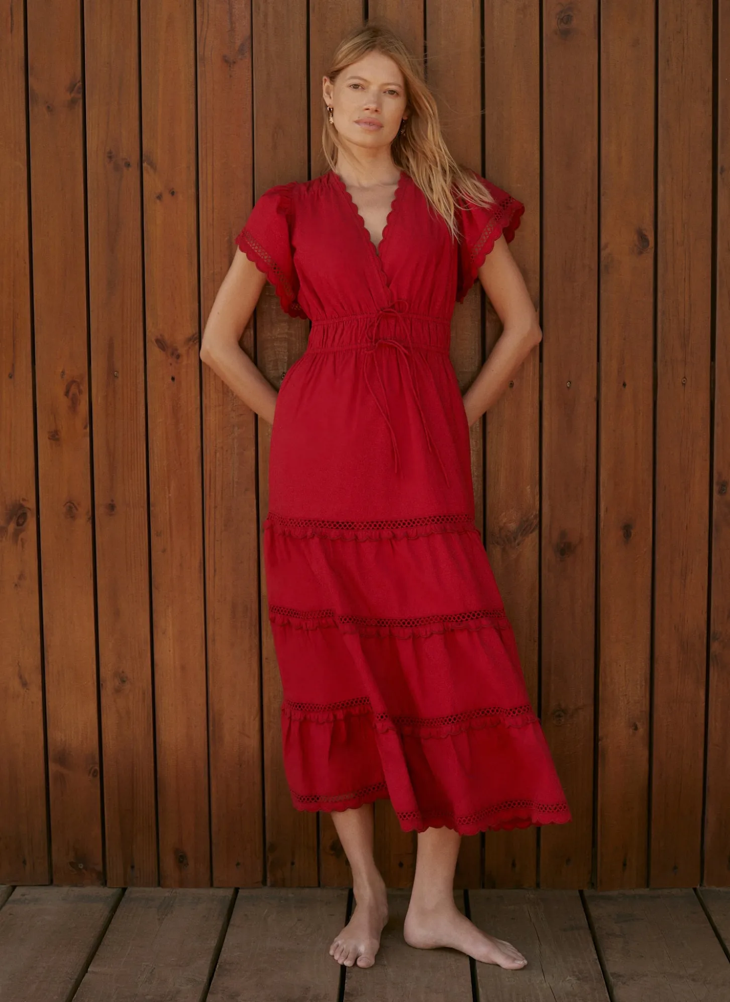 Red Cotton Ruffle Midi Dress