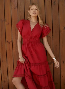 Red Cotton Ruffle Midi Dress