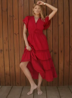 Red Cotton Ruffle Midi Dress