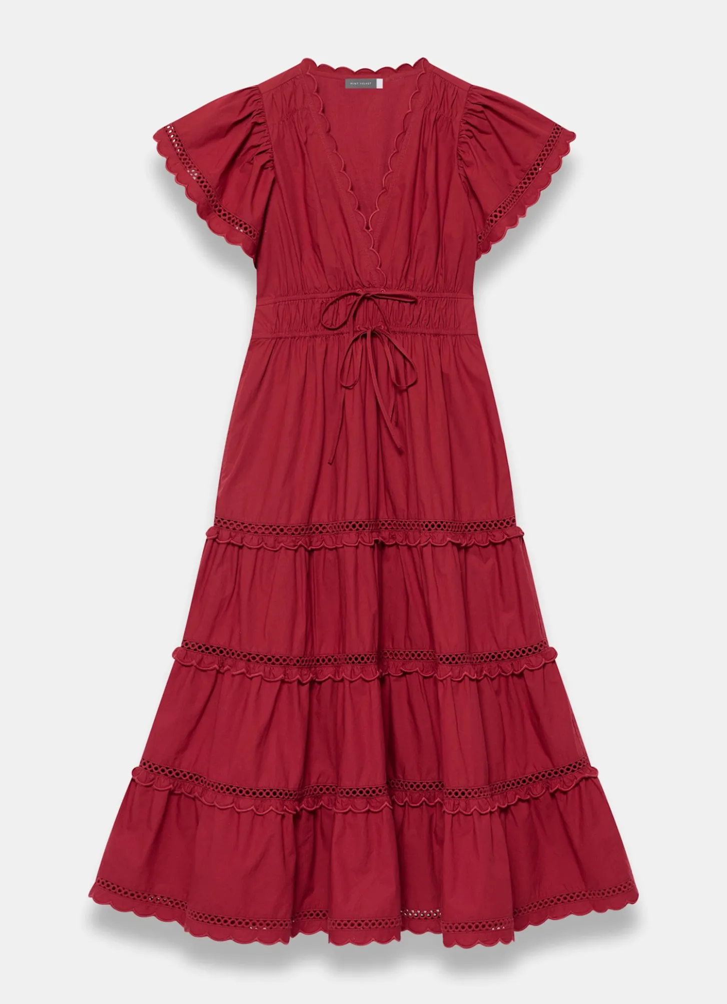 Red Cotton Ruffle Midi Dress