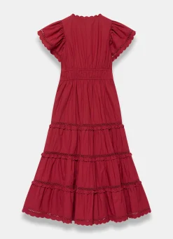 Red Cotton Ruffle Midi Dress