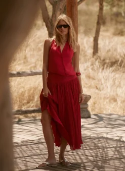 Red Drop Waist Crinkle Midi Skirt