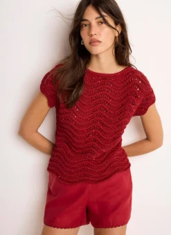 Red Embellished Crochet Knit Top