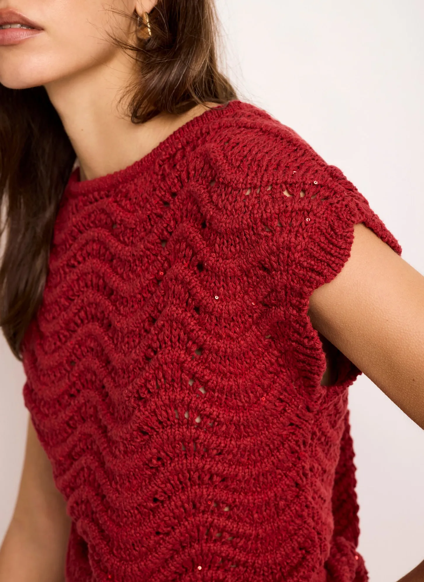 Red Embellished Crochet Knit Top