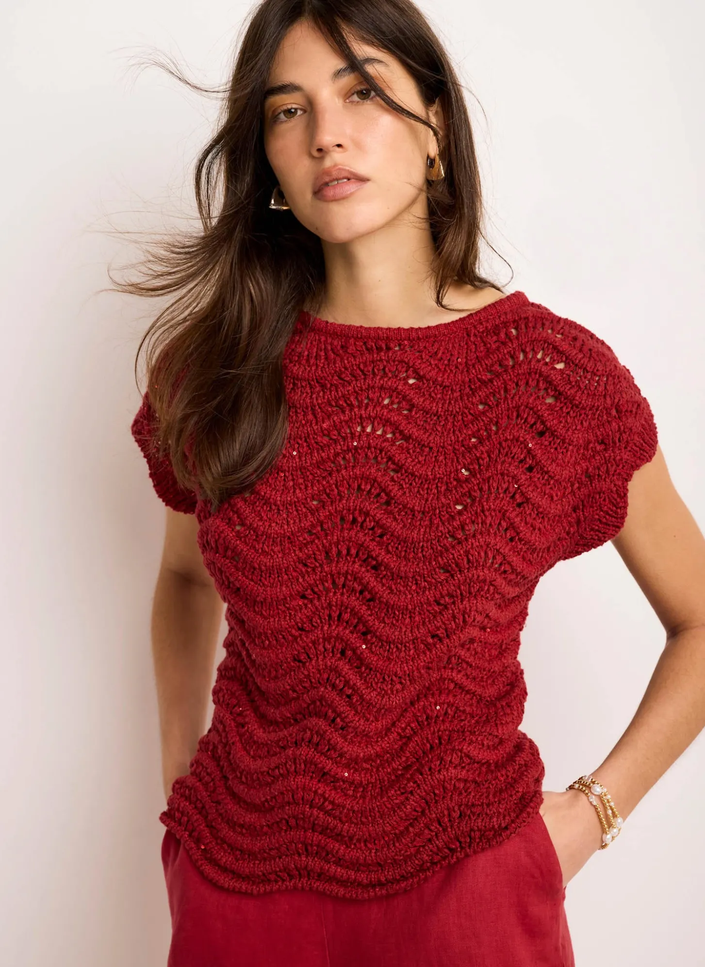 Red Embellished Crochet Knit Top