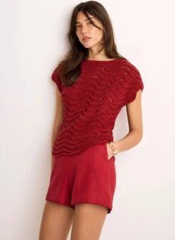 Red Embellished Crochet Knit Top