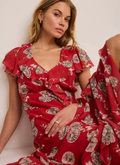 Red Floral Print Ruffle Midi Dress