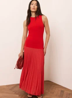Red Knit Pleated Maxi Dress