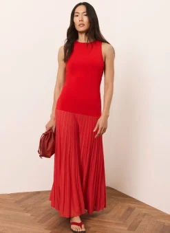 Red Knit Pleated Maxi Dress