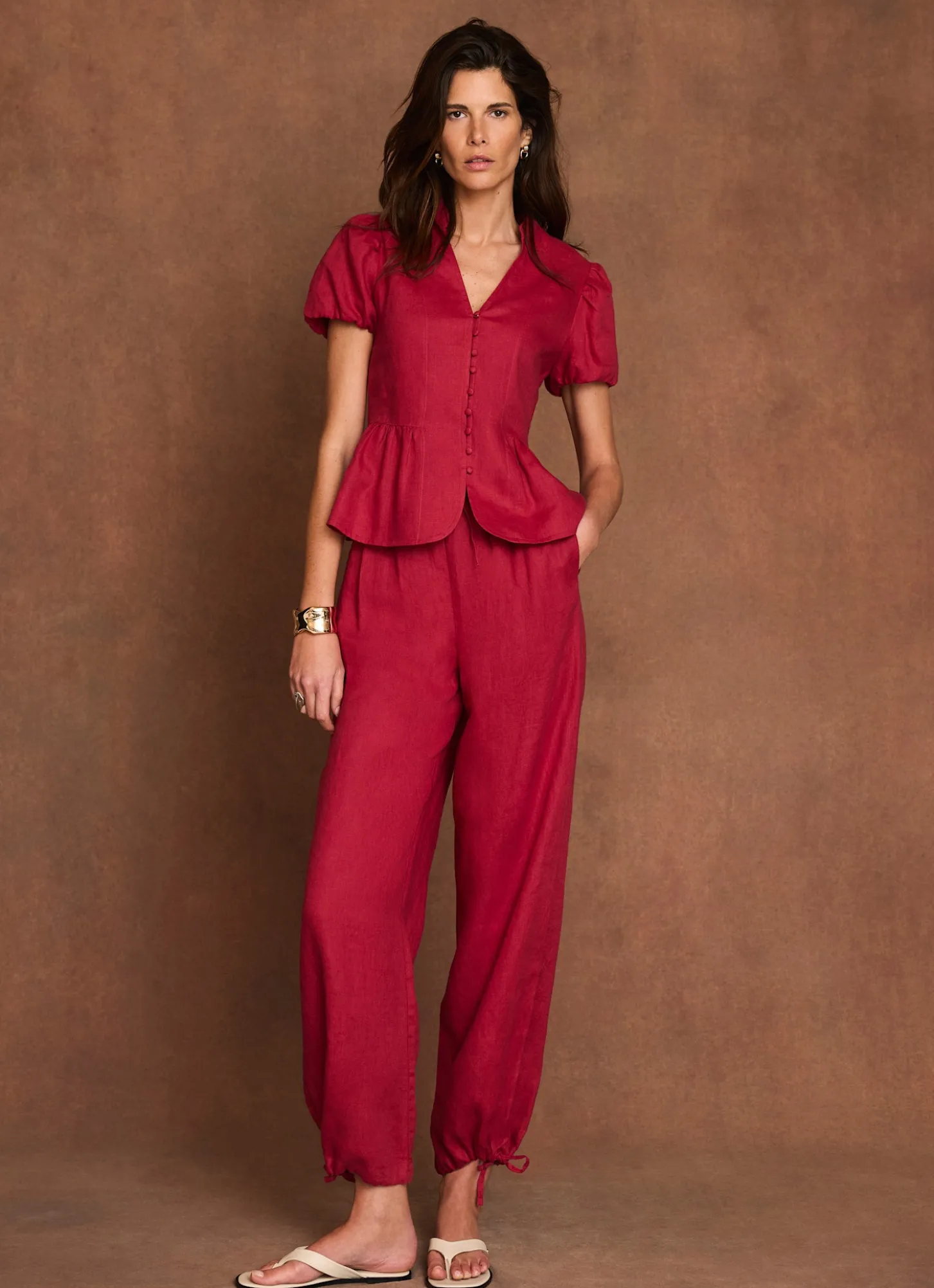 Red Linen Balloon Trousers