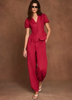 Red Linen Balloon Trousers