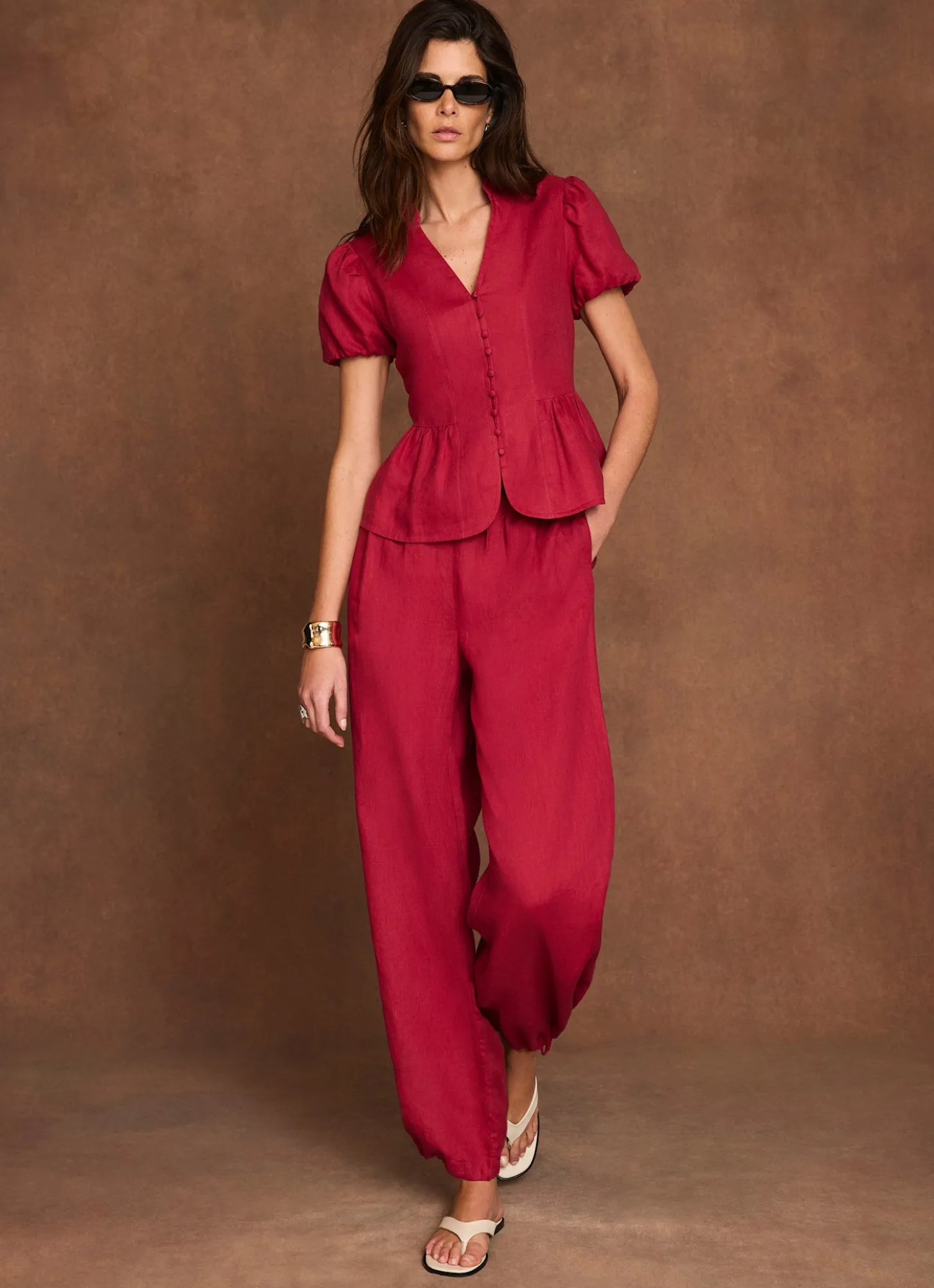 Red Linen Balloon Trousers