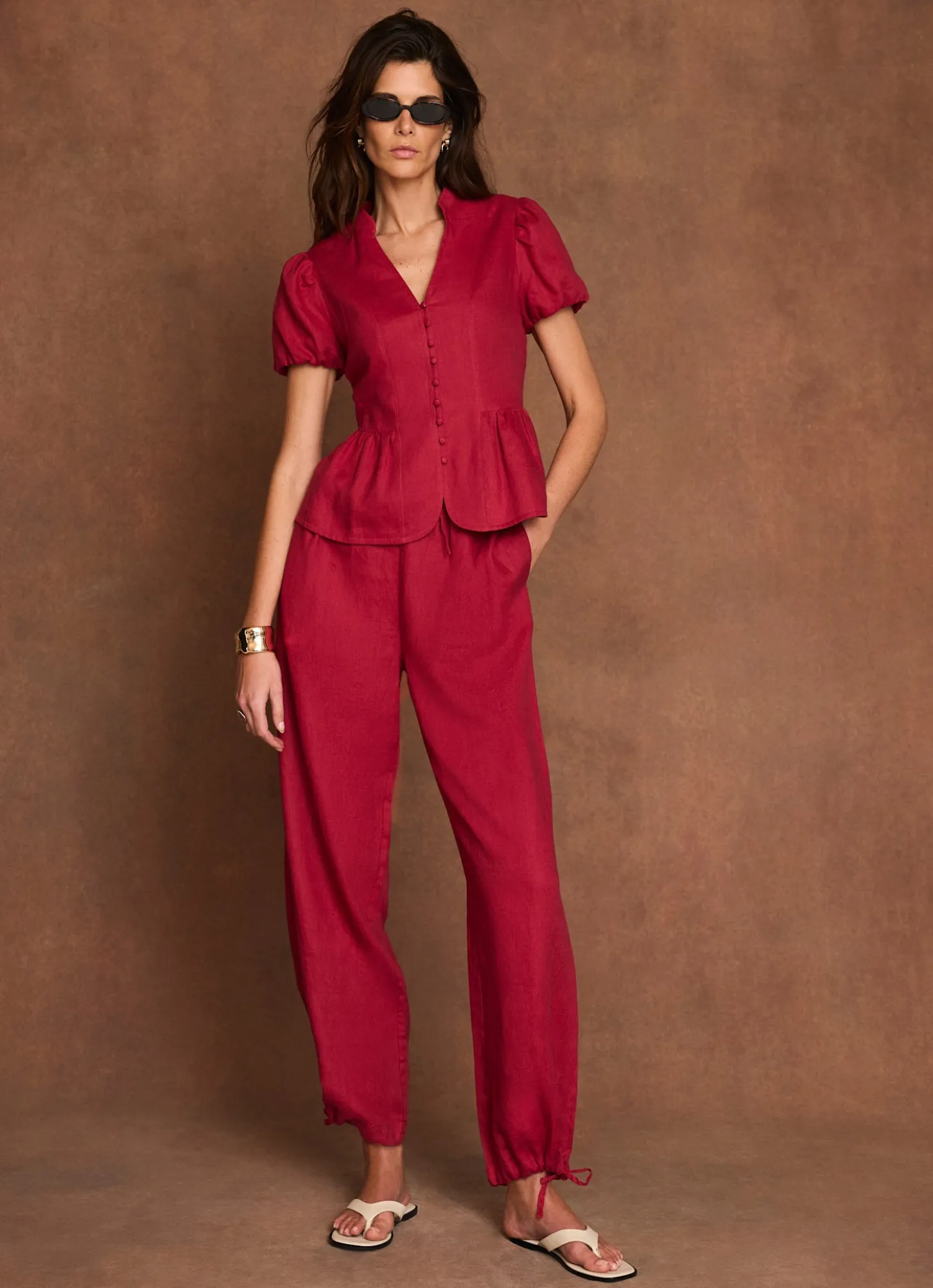 Red Linen Balloon Trousers