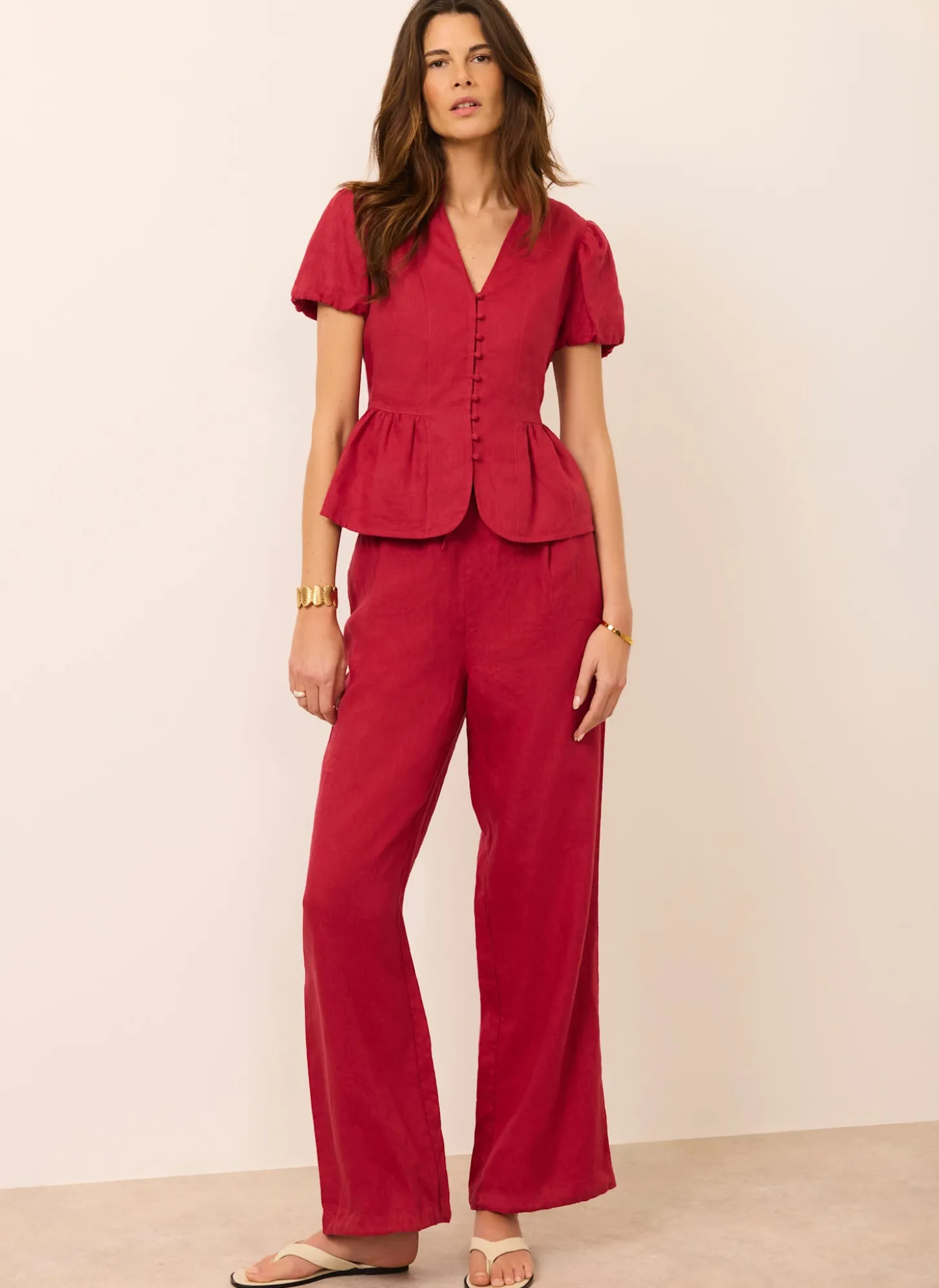 Red Linen Balloon Trousers