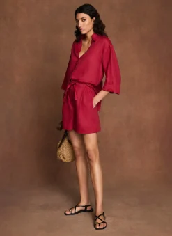 Red Linen Drawstring Shorts