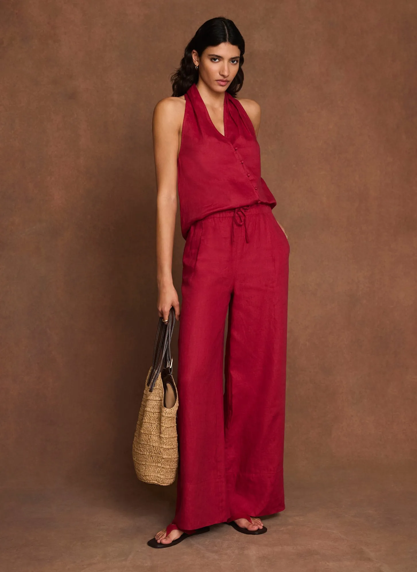 Red Linen Drawstring Wide Leg Trousers