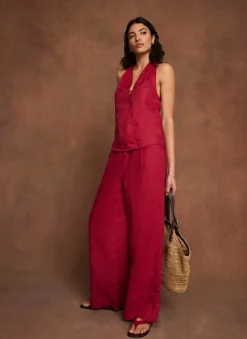 Red Linen Drawstring Wide Leg Trousers