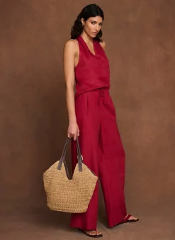 Red Linen Drawstring Wide Leg Trousers